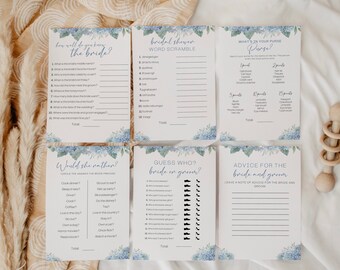 Blue Summer Hydrangea Bridal Shower Game Pack | Editable Bridal Shower Templates | Digital Wedding Shower Games | Set of 6 Shower Games