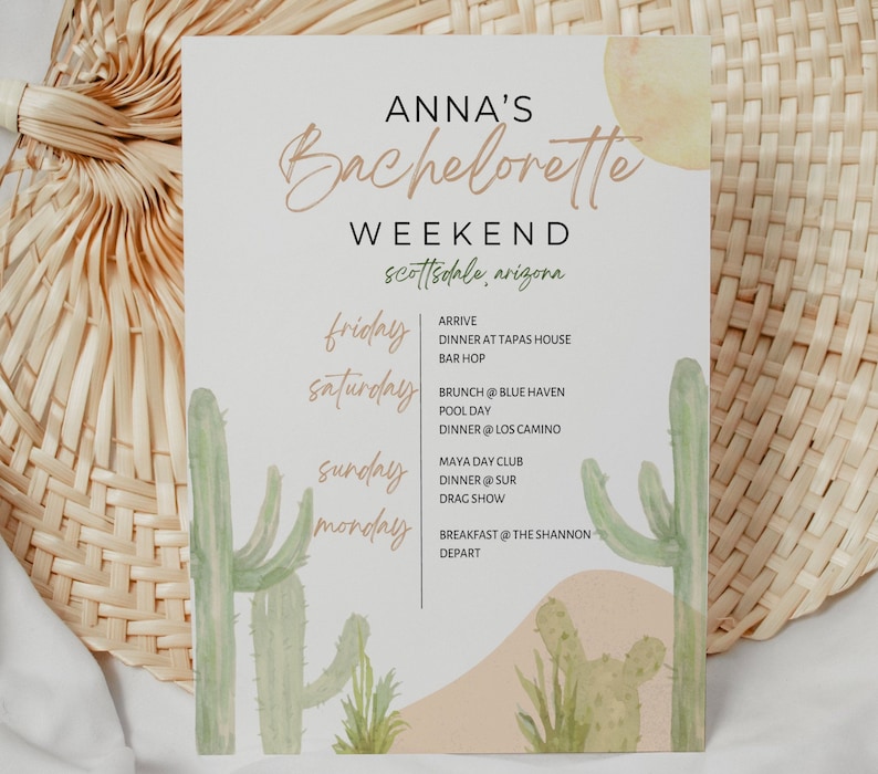 May include: A watercolour illustration of a cactus with a peach-coloured background. The text "ANNA'S Bachelorette WEEKEND scottsdale, arizona" is written in a cursive font. The illustration is a printable itinerary for a hen party weekend.