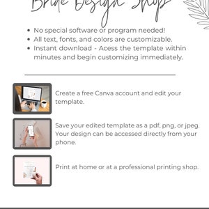 Puede incluir: Una tienda de dise&ntilde;o gr&aacute;fico para novias con un fondo blanco y texto que dice "Bride Design Shop". El texto est&aacute; en una fuente cursiva. Hay tres im&aacute;genes de una computadora port&aacute;til, un tel&eacute;fono y un documento impreso. El texto debajo de las im&aacute;genes explica c&oacute;mo usar las plantillas de la tienda. El texto en la parte inferior de la imagen dice "BRIDEDESIGNSHOP.ETSY.COM".