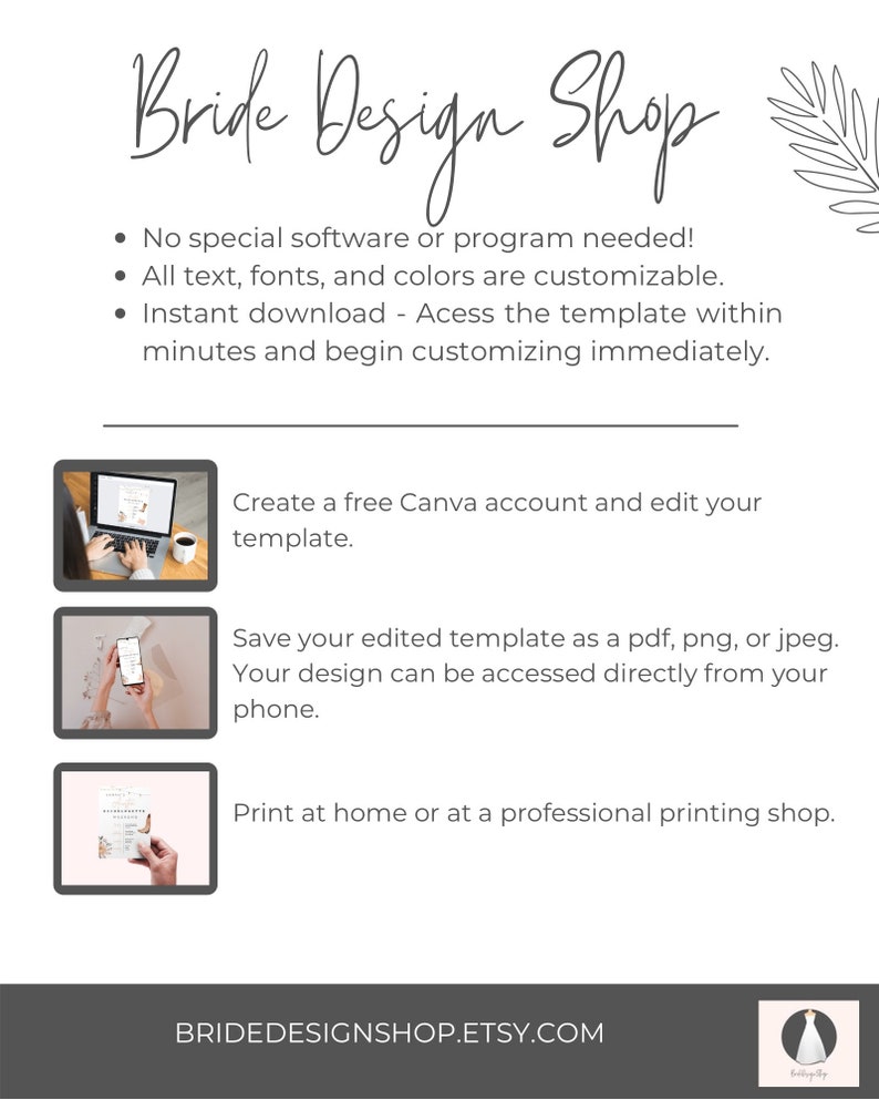 Puede incluir: Una tienda de dise&ntilde;o gr&aacute;fico para novias con un fondo blanco y texto que dice "Bride Design Shop". El texto est&aacute; en una fuente cursiva. Hay tres im&aacute;genes de una computadora port&aacute;til, un tel&eacute;fono y un documento impreso. El texto debajo de las im&aacute;genes explica c&oacute;mo usar las plantillas de la tienda. El texto en la parte inferior de la imagen dice "BRIDEDESIGNSHOP.ETSY.COM".