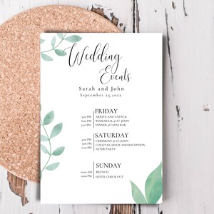 Itinerário de fim de semana de casamento - Programação de eventos de casamento - Modelo de download instantâneo de cartão de boas-vindas do hotel