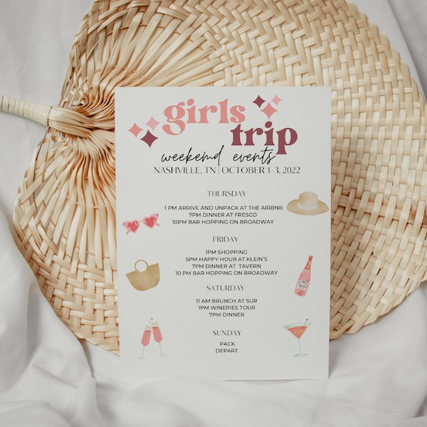 Girls Trip Itinerary Template - Reunion Vacation Itinerary - Instant Download Itinerary Template - Vacation Details