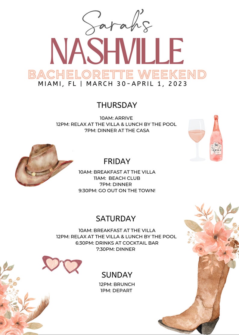 Nashville Bachelorette Itinerary Bachelorette Party - Etsy