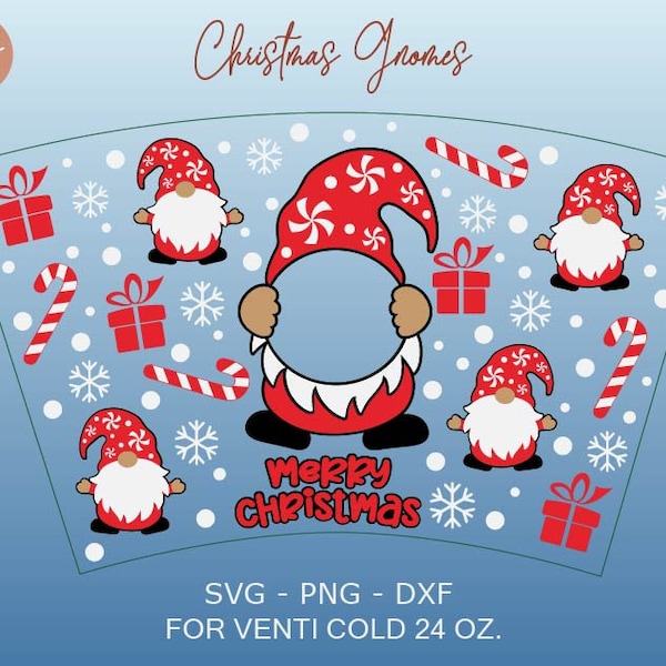 Gnome Christmas Cold Cup Svg, Christmas Cup Svg, Christmas Wrap Svg, Christmas Pattern Decal Full Wrap Venti Cold Cup 24 Oz For Cricut