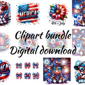 Vier 4 juli met levendige clipartontwerpen met Amerikaanse vlaggen, vuurwerk en leuke koeien - direct te downloaden!
