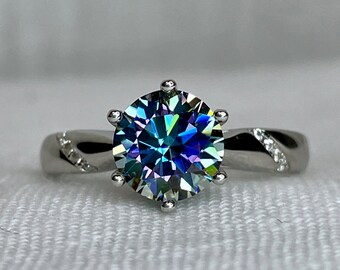 Mystic-Blue Moissanite Ring: 2ct True-Blue Moissanite and Sterling Silver