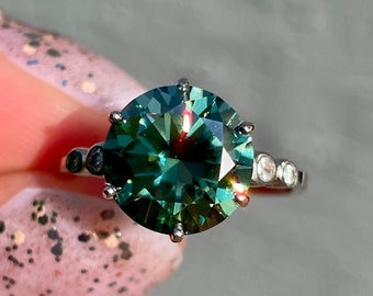 Real Certified 5 Carat Sea Blue/Green Teal Moissanite Diamond Ring in Solid Sterling Silver