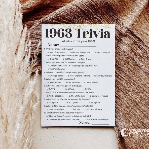 1963 Trivia | 61st Birthday Trivia Game | 61th Birthday Activity | Birthday Party | Digital Printable |  Instant Download CV1