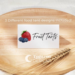 Étiquette alimentaire Berry Food Tent | Anniversaire Fraise Myrtille Anniversaire Nourriture Tag | Carte d'endroit du marché de l'agriculteur de fruit Carte d'endroit de fruit | Modifiable