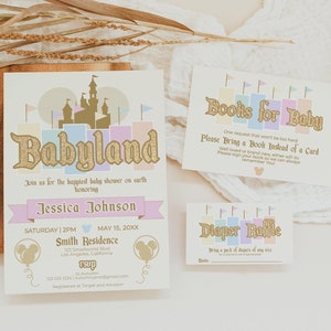 May include: A baby shower invitation with a pink and gold castle theme. The invitation says "Babyland" and includes the text "Join us for the happiest baby shower on earth honoring Jessica Johnson". The invitation also includes the date and time of the shower, the address, and the RSVP information.
