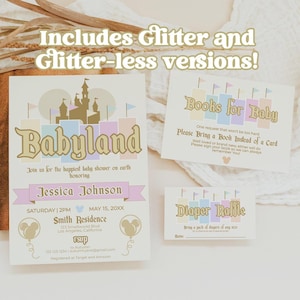 Disneyland Retro Baby Shower Invitation Set | Happiest Baby Shower on Earth | Diaper Raffle | Books for Baby | Digital Download Template