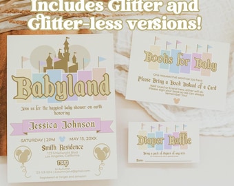 Girl Babyland Happiest Baby Shower Invitation Set | Happiest Baby Shower on Earth | Diaper Raffle | Books for Baby | Pastel Rainbow