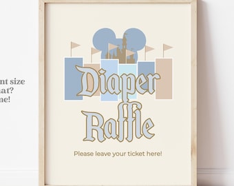 Letrero azul para rifa de pañales de Disneyland, letrero para baby shower, descarga digital, letrero minimalista moderno para baby shower de niño.