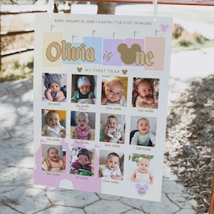 Affiche rétro de photo de premier anniversaire de Disneyland | le plus joyeux anniversaire du monde | Poster photo de première année| La première année de bébé | L'année en photos