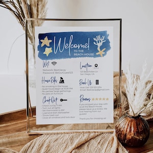 Ocean Beach Sea Airbnb VRBO Vacation Welcome Sign | Vacation Rental | Wifi  | House Rules | Editable Digital Printable