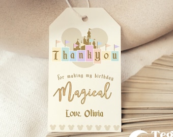 Obrigado mágico retro do aniversário de Disneylândia | Aniversário mais feliz do planeta | Etiqueta de lembrancinha da Disney | O lugar mais feliz do planeta