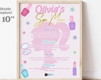 Op de afbeelding: Een printbare spa-menu sjabloon van 20,3 x 25,4 cm voor een meisjesverjaardagsfeestje. Het menu heeft een roze achtergrond met een silhouet van een meisjeshoofd en een lijst met spa-diensten, waaronder pedicures, manicures, gezichtsbehandelingen en make-up. De tekst "Olivia's Spa Menu" is geschreven in gouden glitterlettertype.