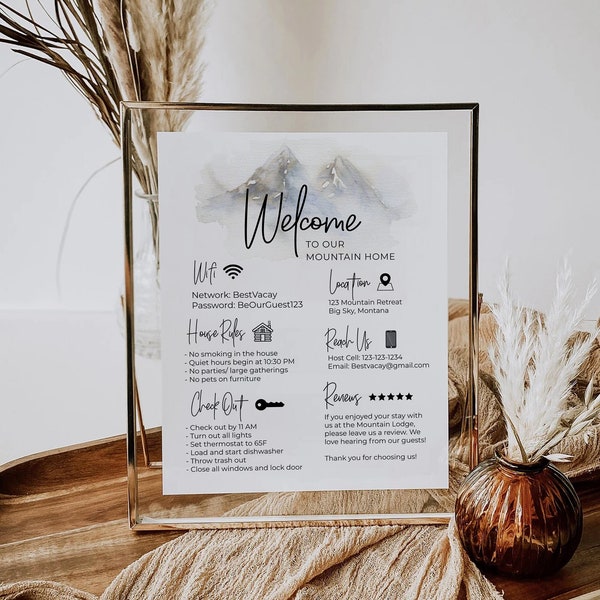 Mountain Forest Nature Airbnb VRBO Vacation Welcome Sign | Vacation Rental | Wifi  | House Rules | Editable Digital Printable