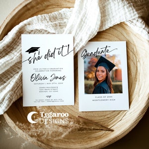 Minimalist She Did It Graduation Photo Party Invite | Abschluss Einladung Vorlage | Schlicht Modern | Vollständig bearbeitbar Sofort Download BR1