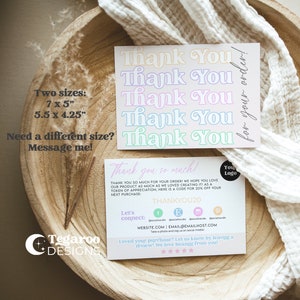 May include: A thank you card with a pastel color scheme featuring the text "Thank You" repeated five times in a handwritten font. The card is available in two sizes: 7 x 5 inches and 5.5 x 4.25 inches. The card also includes a discount code for 30% off the next purchase.