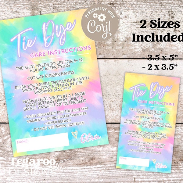 Tie Dye Wash Instructions | Care Instruction | Tie Dye Shirt Party Favor Care Card | Girl Birthday | Rainbow Pastel | Editable