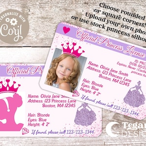 Licencia de princesa personalizada / Licencia de conducir / Licencia para niños / Tarjeta de identificación infantil / Favores de fiesta de princesa / Plantilla editable