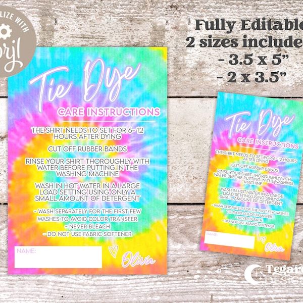 Bright Rainbow Tie Dye Wash Instructions | Care Instruction | Tie Dye Shirt Party Favor Care Card | Girl Birthday | Rainbow | Editable