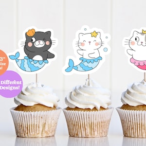 Cat Kitten Mermaid Cupcake Topper | Sweet, Adorable Watercolor Mer-cat Mer-kitten Mermaid Girl Birthday Party | Instant Download