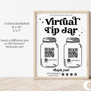 Tarro de propina virtual moderno retro / Signo comercial / Código QR / Escanear para pagar o Signo de propina / Venmo, CashApp / Personalizable editable / Descarga instantánea