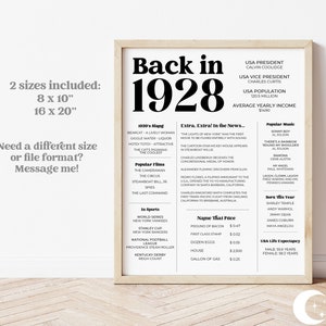 Peut inclure: Une affiche numérique téléchargeable imprimable avec un design noir et blanc. L'affiche présente l'année 1928 en gros caractères gras et comprend des informations sur l'année, telles que le président des États-Unis, le revenu annuel moyen, la musique populaire, etc.