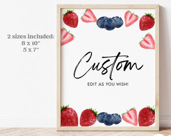 Berry Strawberry Blueberry Custom Text Sign | Birthday Favor, Food, Sign | Birthday Party Sign | Editable Sign