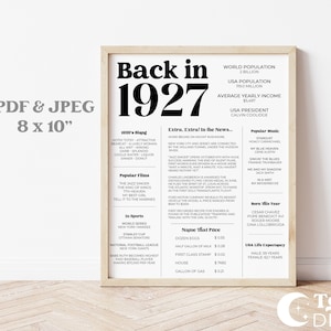 Curiosità sul 1927 / Curiosità sul 97° compleanno / Regalo per il 97° compleanno / Segno di compleanno / Festa di compleanno / Stampabile digitale / Download istantaneo CV1