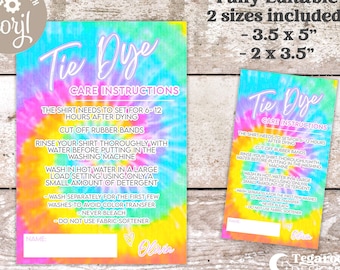 Bright Rainbow Tie Dye Wash Instructions | Care Instruction | Tie Dye Shirt Party Favor Care Card | Girl Birthday | Rainbow | Editable