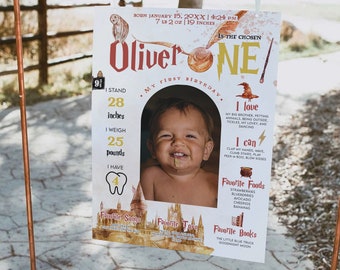 May include: A Harry Potter themed first birthday poster for a baby named Oliver. The poster features a photo of the baby, along with details about their height, weight, and favorite things. The poster is decorated with Harry Potter themed graphics, including a Hogwarts castle, a golden snitch, and a lightning bolt.