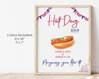 July 4th BBQ Grill Party | Simple Modern Minimalist Slider Hot Dog Hotdog Bar Sign | USA | America | Food Sign |  Instant Download SD1