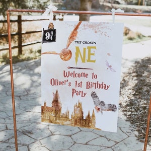 Wizard Party Welcome Sign Chosen One First Year Birthday | Party Sign | Owls | Train  | Magical Wizards Witches | Editable Template
