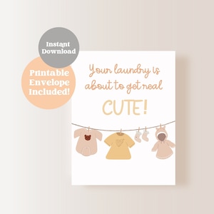 Cartão neutro bege da festa do bebé da menina de <br> Entrega Rápida? A lavanderia está prestes a ficar fofa, aquarela | Download instantâneo digital | Com envelope