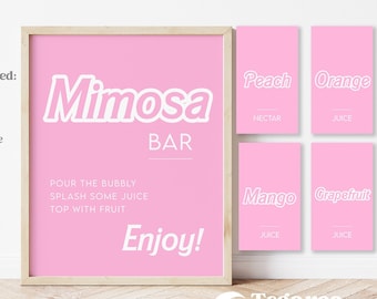 Dolly Doll Pink Mimosa Bar Sign | Mimosa Tags Lets Go Party | Simple Modern Minimalist | Juice Bar Tags | Bridal Shower | Bachelorette