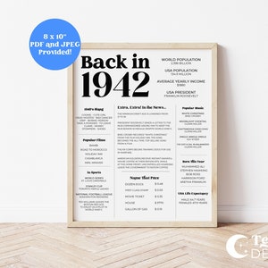 May include: A printable 8x10 inch poster with a black and white design. The poster features the year 1942 in large bold font and includes information about the world and USA population, average yearly income, the USA president, popular music, popular films, and notable events from that year. The poster also includes a section titled "Name That Price" with prices for a dozen eggs, a first-class stamp, a movie ticket, a house, and a gallon of gas.