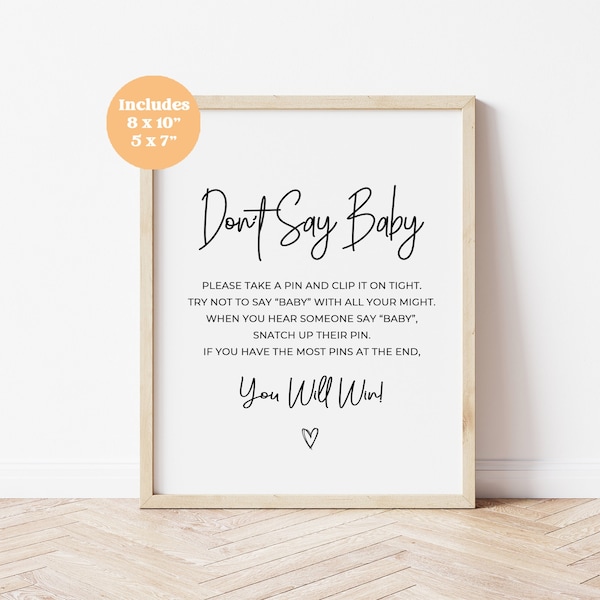 Simple Clean Modern Minimalist Don't Say Baby Sign | Baby Shower Digital Printable |  Instant Download SD1