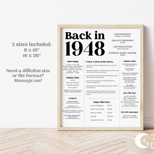 1948 Trivia | 76th Birthday Trivia | 76th Birthday Present | Birthday Party Sign | Digital Printable |  Instant Download CV1
