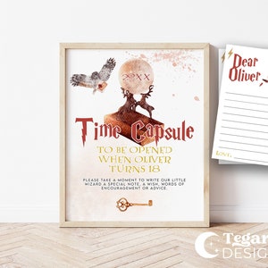 May include: A printable time capsule sign with a watercolor illustration of an owl, a key, and a book. The sign says "Time Capsule" and "To be opened when Oliver turns 18". There is also a separate printable note card that says "Dear Oliver".