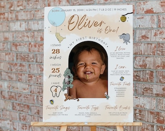 Winnie the Pooh First Year Milestone Board Template | Fully Editable | 1st Birthday Photo Sign | Tan Neutral Birthday Milestone Poster