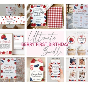 Berry First Year Birthday Bundle | Strawberry Blueberry Birthday Invitation, Signs, Banner, Cupcake | Fruit Farmer's Market  Editable