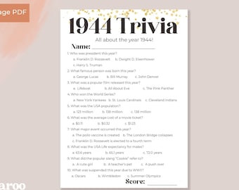May include: A printable 1944 trivia game with gold stars on a pink background. The game asks questions about the year 1944, such as who was president, what famous person was born, and what was a popular film. The game includes a space for a name and a score.