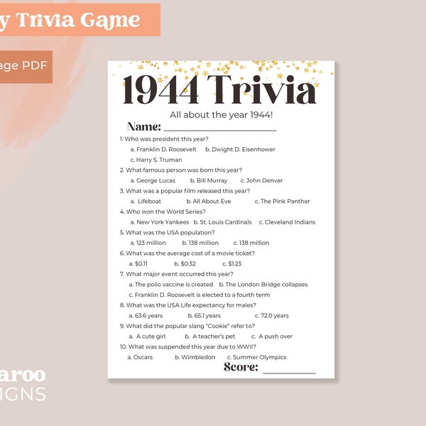 1944 Trivia | 80th Birthday Trivia Game | 80th Birthday Activity | Birthday Party | Digital Printable |  Instant Download CV1