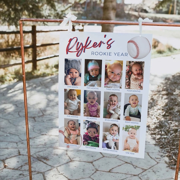 Baseball Minimalist Rookie of the Year Baby's First Year Photo Collage  | 1st Birthday Photo Sign, Poster | Year in Pictures | Editable