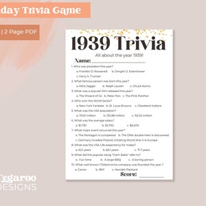 1939 Trivia | 85th Birthday Trivia Game | 85th Birthday Activity ...