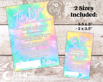 Tie Dye Wash Instructions | Care Instruction | Tie Dye Shirt Party Favor Care Card | Girl Birthday | Rainbow Pastel | Editable