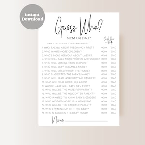 Raad eens wie mama of papa | Mama of papa | Spel | Leuke babyshowerspellen | Direct downloaden | Afdrukbaar | Minimalistisch modern | Babyshower SD1
